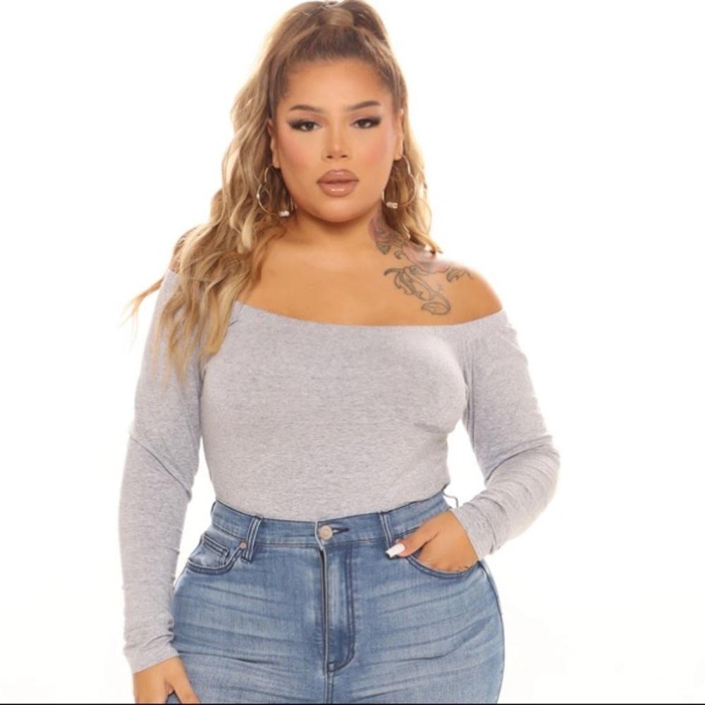 Fashion Nova Off Shoulder Heather Grey Bodysuit.